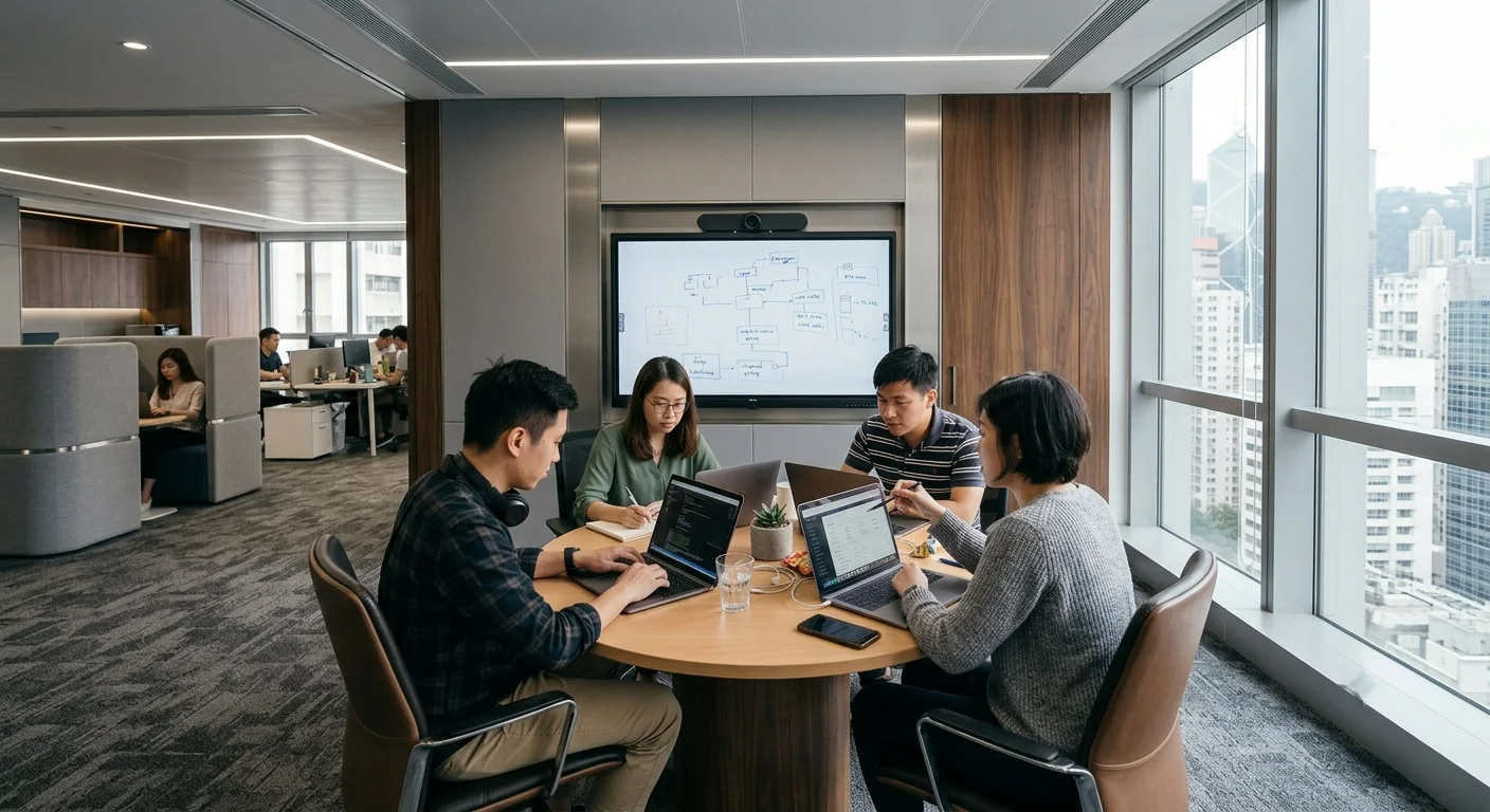 Software engineers collaborating around a table in a Hong Kong office