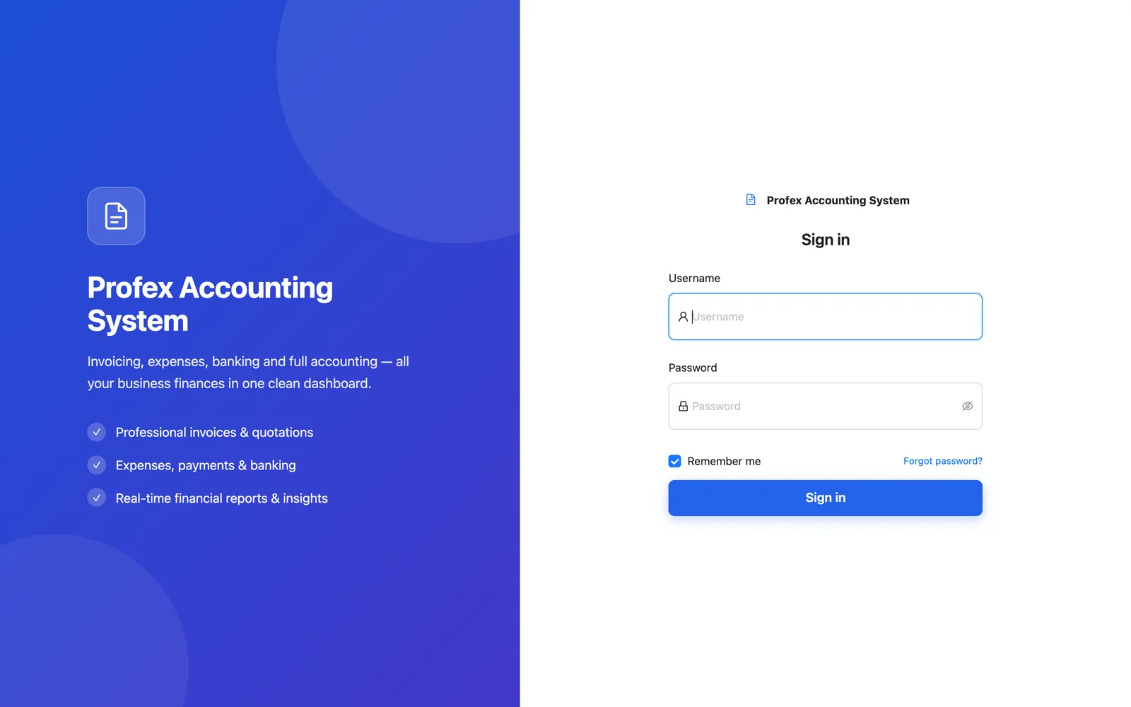 Profex Accounting System login screen