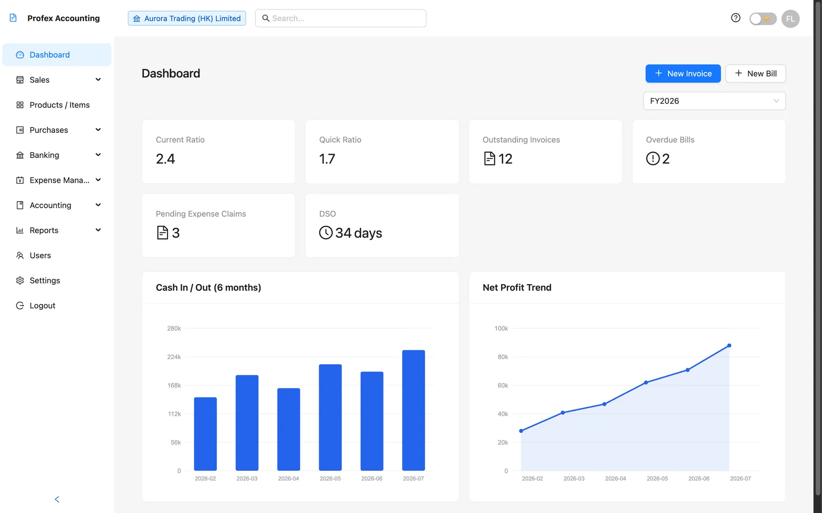 Profex Accounting System — financial dashboard