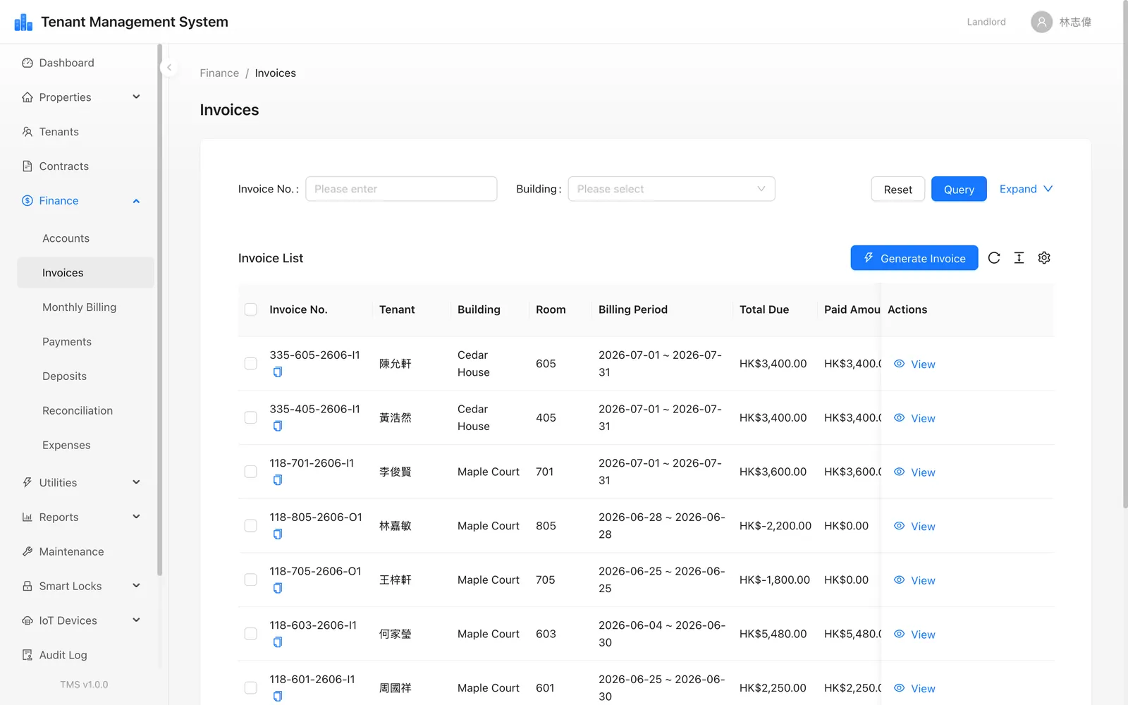 Finance module — invoice management