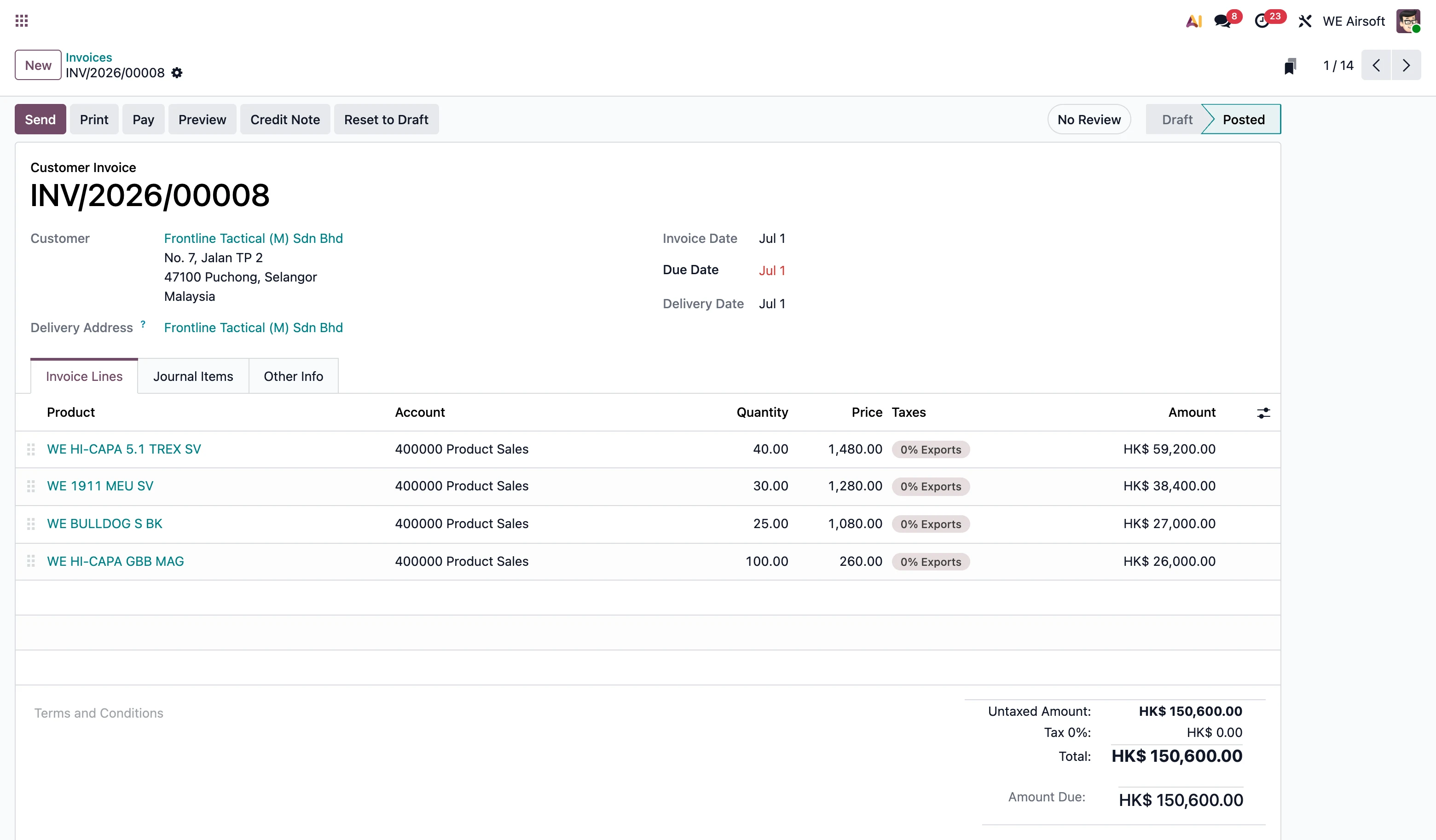 WE Airsoft — Odoo customer invoice for an export order